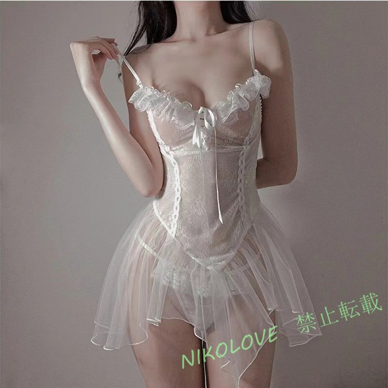 新品 超セクシー 悩殺 シースルー セクシーランジェリーワンピース ?ショーツ2点セットベビードール ナイトウェア ホワイトお色選択可拍卖