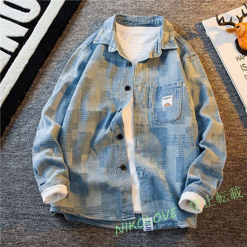 新品 春秋 ジャケット メンズ デニムジャケット チェック柄 シャツジャケット スプリングコート ゆったり カジュアル M~3XL選択 ブルー拍卖
