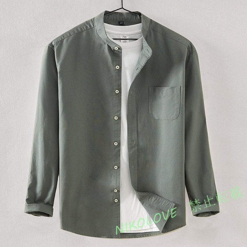 新品 綿 メンズ 立ち襟 長袖シャツ オックスフォード ワイシャツ トップス 無地 ビジネス おしゃれ 春夏/アーミーグリーン拍卖