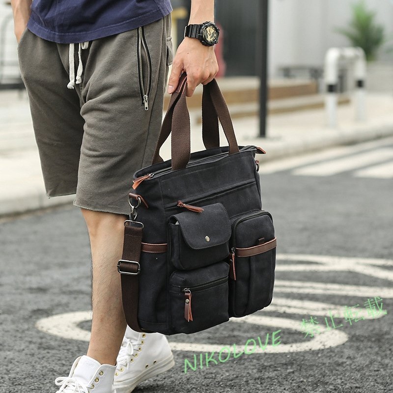 新品 ショルダーバッグ 2wayトートバッグ 斜めがけ A4サイズ対応 縦長 カジュアル 帆布 メンズ ブラック拍卖