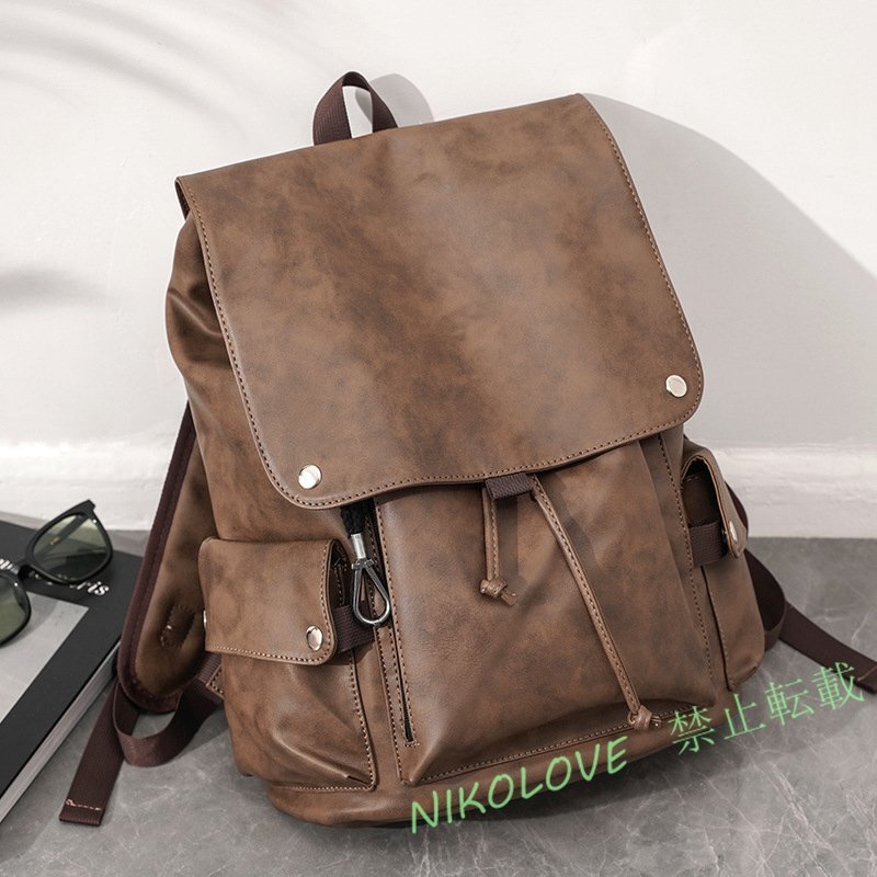 新品 大容量 軽量 A4 リュックサック メンズ PUレザー デイパック 男女兼用 鞄 アウトドア 通学 通勤 旅行 学生 バックパック カーキ拍卖