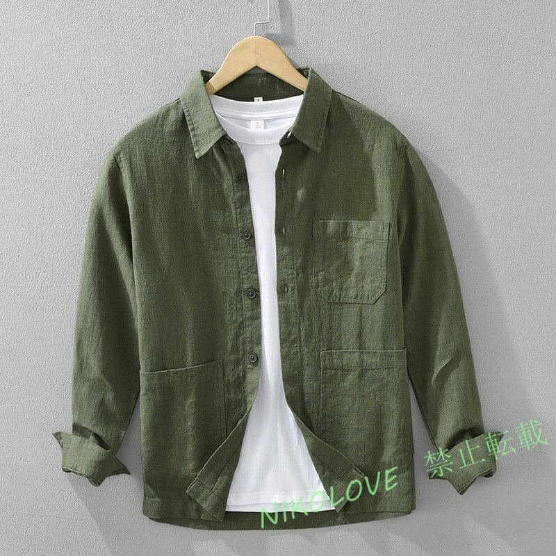 新品 春夏 シャツジャケット メンズ 無地 リネンシャツ 長袖 ブルゾン 綿麻 薄手 カジュアルシャツ オシャレ アウター XL~3XL選択 5色拍卖
