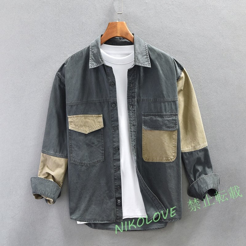 新品 長袖シャツ メンズシャツ 切替 ワークシャツ 上質 アウター 個性 ミリタリージャケット ヴィンテージ ジャンバー グレー M~4XL拍卖