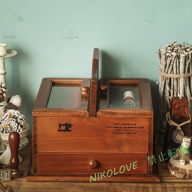 裁縫箱 レトロな木製ソーイングバスケット、ポータブルソーイングボックス、引き出しタイプのデスクトップ収納ボックス、ホリデーギフト拍卖