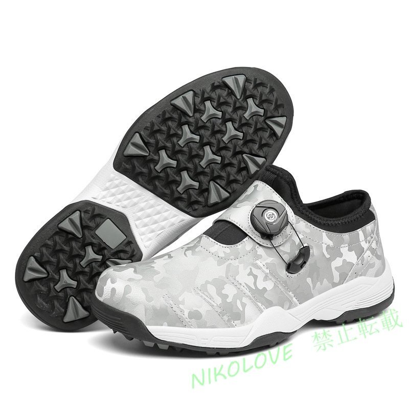 新品 迷彩柄 運動靴 ゴルフシューズ メンズ スパイクレス ダイヤル式 男女兼用 スポーツシューズ 4E幅広 軽量 撥水 灰色 23cm~28.5cm拍卖