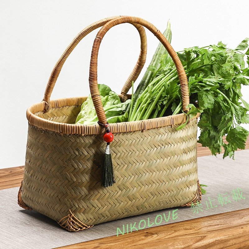 新品 竹編み上げカゴバック 手作りバスケット お洒落買い物カゴ 収納バッグ拍卖