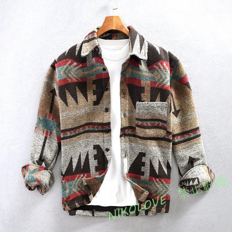 新品 SALE 秋冬 オルテガ柄シャツ メンズ シャツジャケット ウール混 厚手 カジュアルシャツ ネルシャツ 幾何学 お洒落拍卖