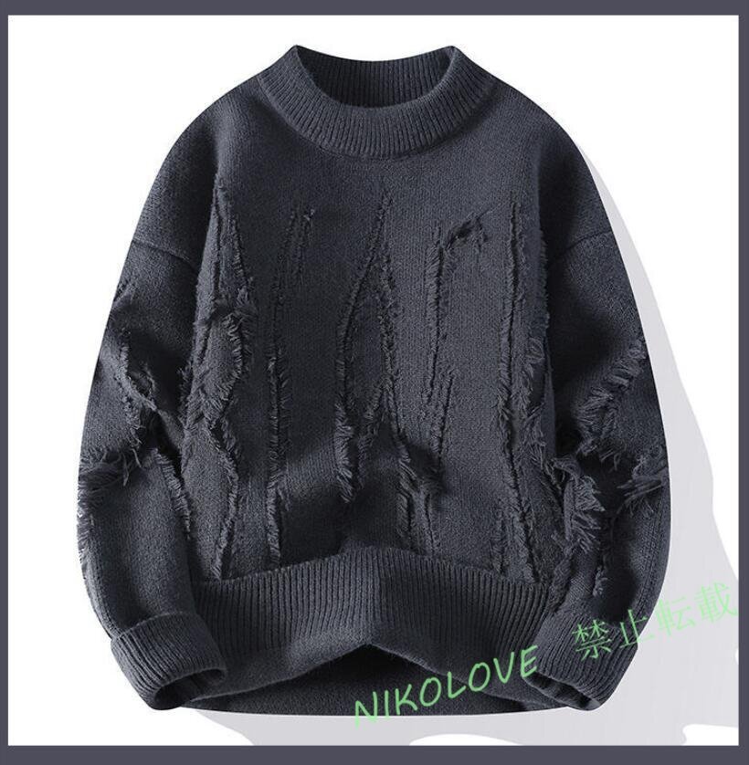 新品 メンズ 高級感 ニットセーター プルオーバー カシミヤウール混 ラウンドネック トップス フリンジ デザイン 秋冬/グレーお色選択可拍卖
