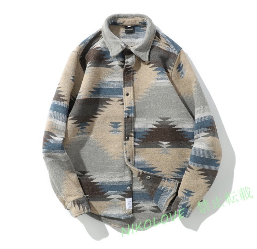 新品 厚生地 民族ネイティブ オルテガ MIXカラー ネルシャツ メンズ ジャケット トップス グレー拍卖