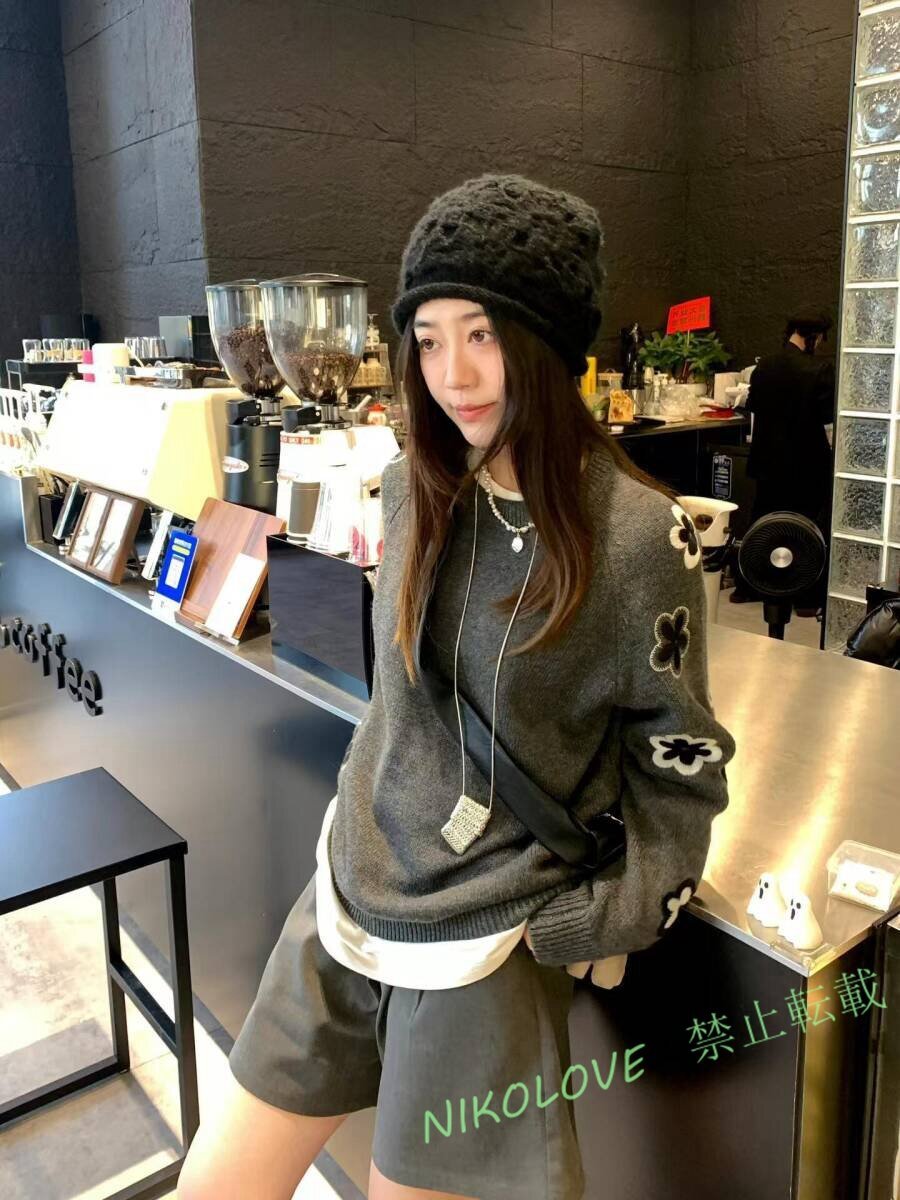 新品 ニット セーター 大人可愛い 刺花柄 着映え おしゃれ レディース チュニック 暖かい グレーサイズ選択可拍卖