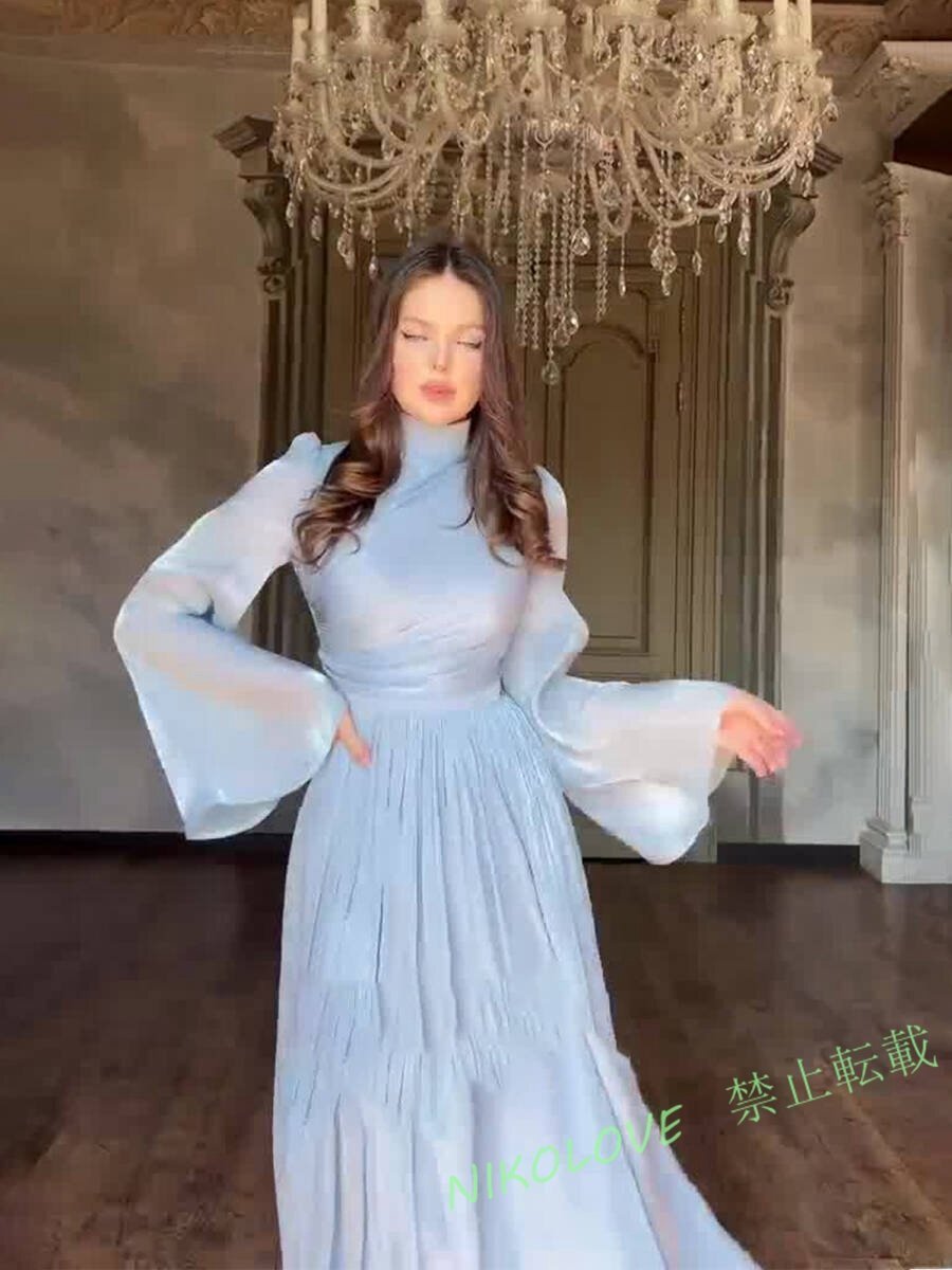 新品 ワンピースレディース 20代30代40代 着心地抜群 発表会dress 長袖 ロング丈 ブルー サイズ選択可拍卖