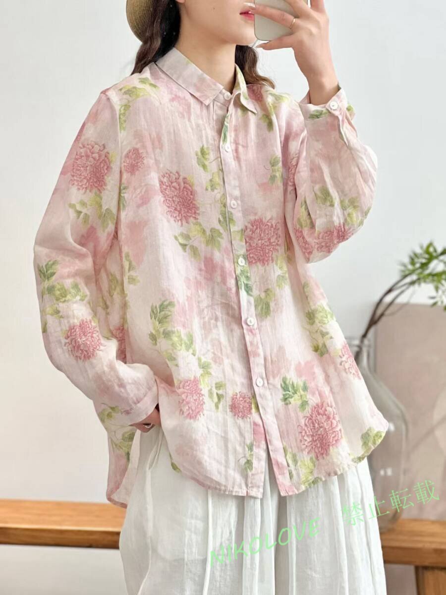 新品 レディーストップス 長袖シャツ麻リネン肌触りいい 通気性いい 長袖ブラウス 素敵花柄 明るい拍卖