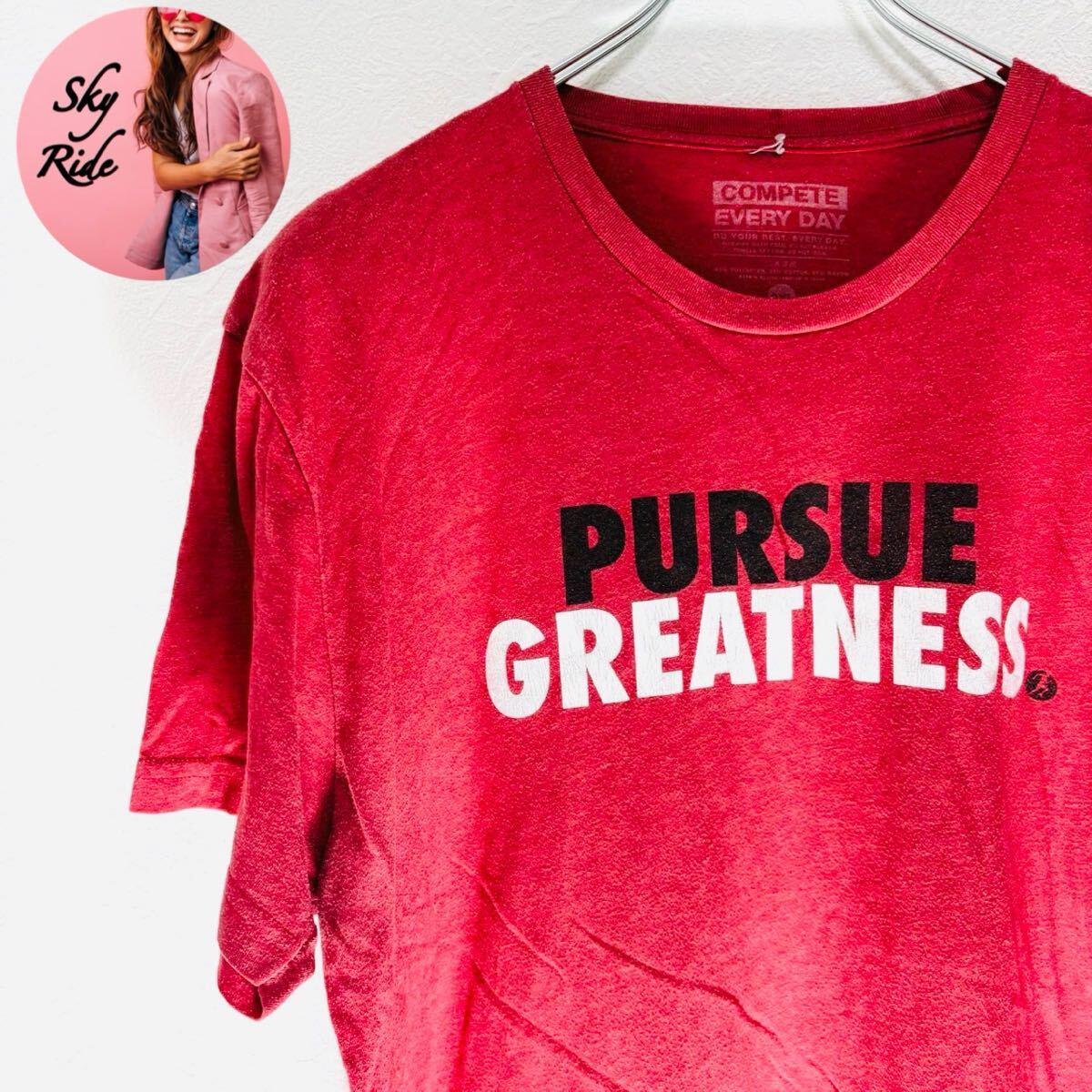 compete PURSUE GREATNESS メンズ 英字 ビッグプリント ヴィンテージ 半袖Tシャツ 赤 2XL ビッグシルエット USA 古着 #SB0103拍卖