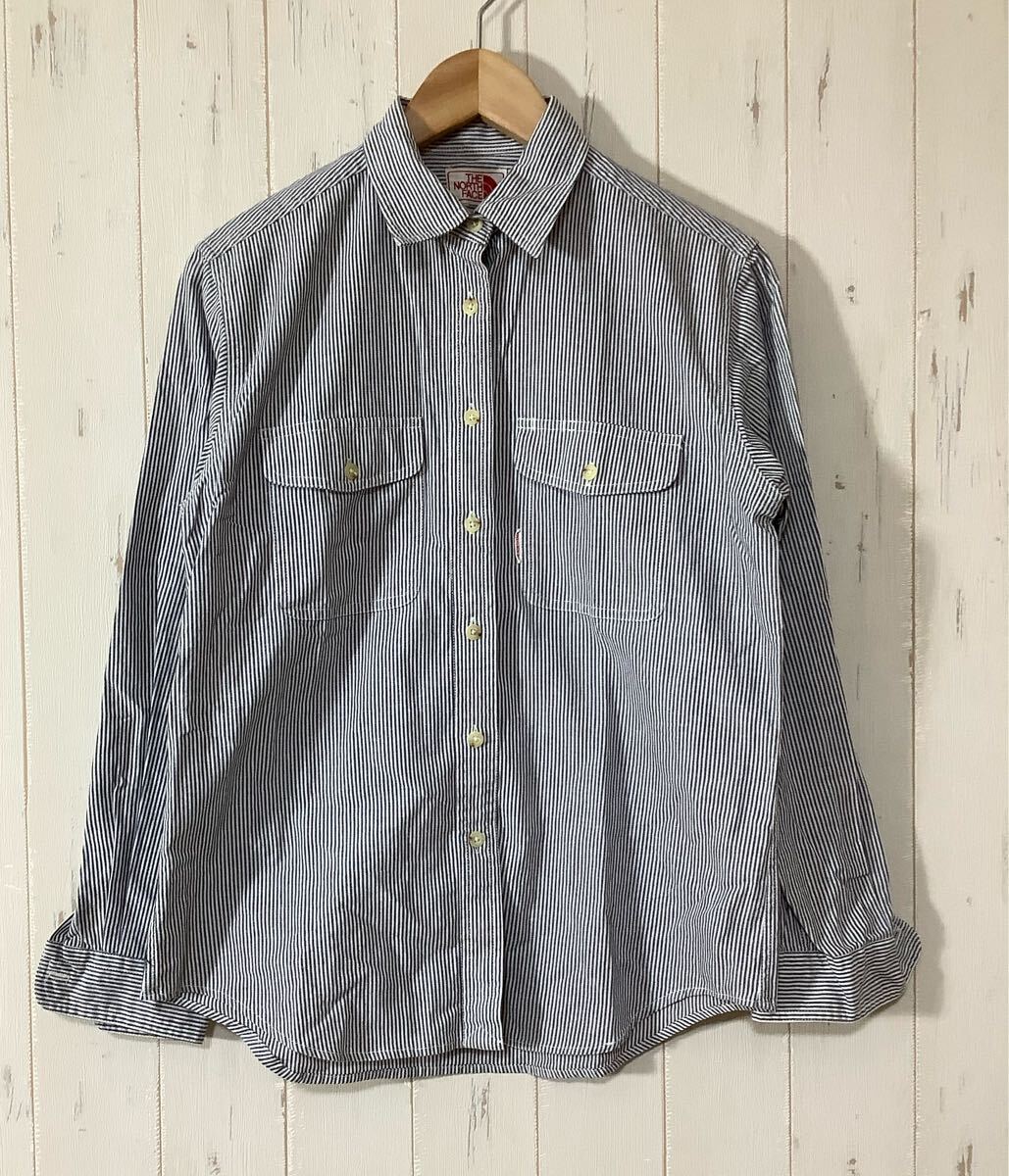 ら1578 THE NORTH FACE ノースフェイス ストライプ NTW-4126 長袖シャツ ワークシャツ レディース M グレー/ホワイト オールド拍卖