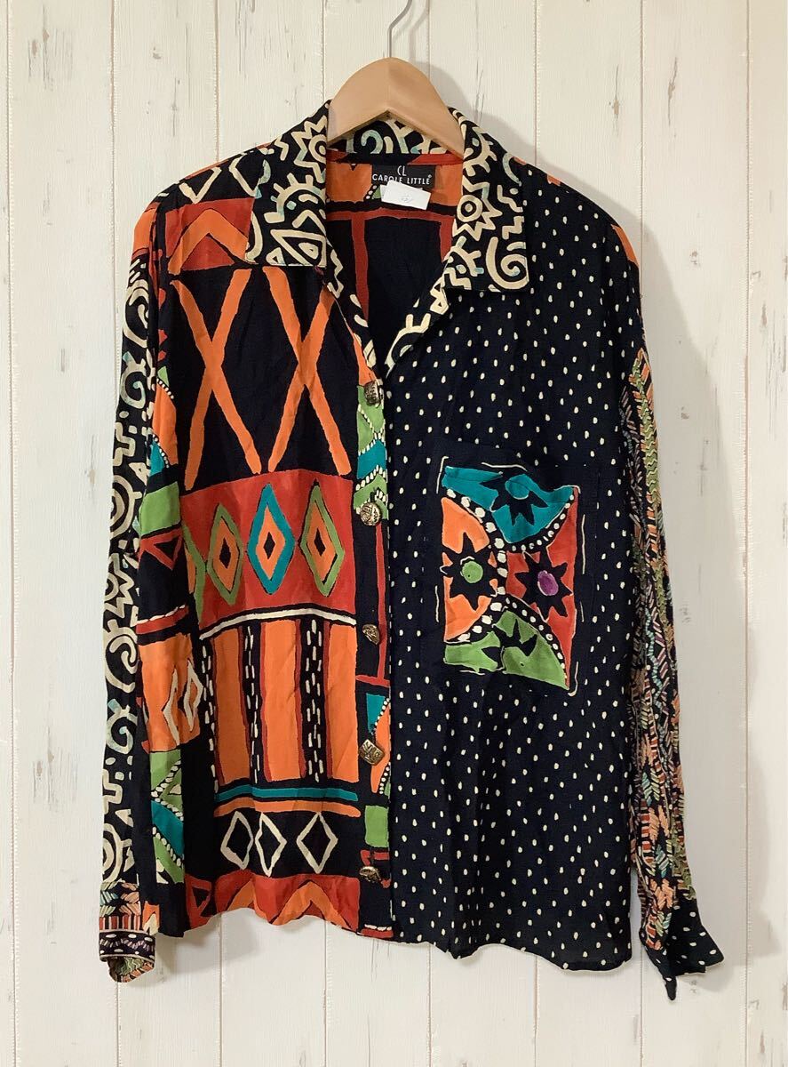 わ1600 カナダ製 CL CAROLE LITTLE キャロルリトル 総柄 オープンカラーシャツ レーヨンシャツ レディース 6 ビンテージ 肩パッド付 L-XL拍卖