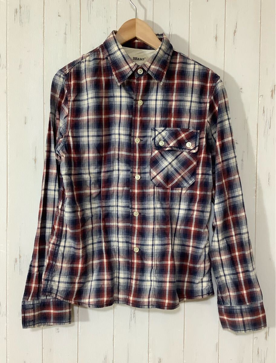 を1528 BEAMS ビームス チェック 長袖シャツ M スリムフィット ネイビー系拍卖