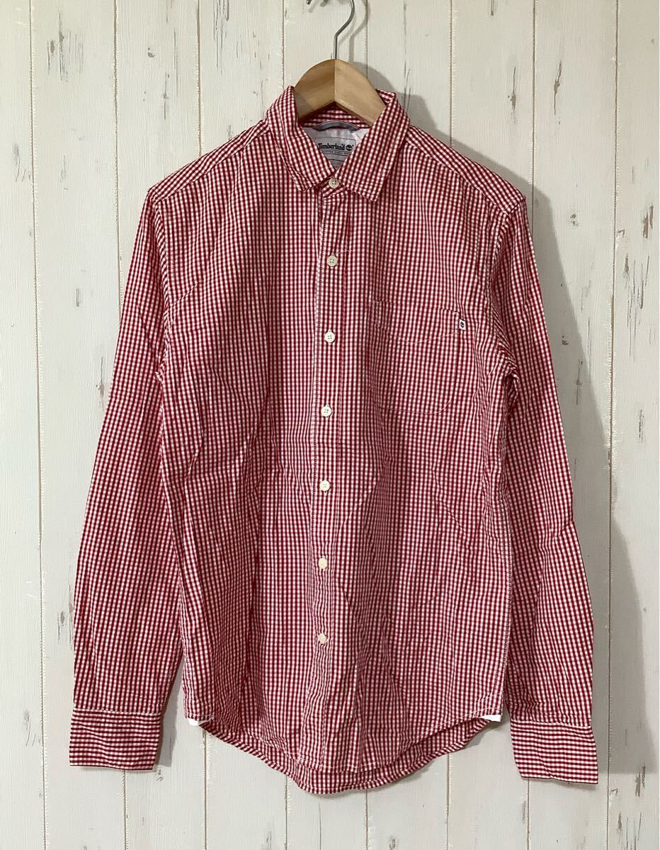 ん1511 Timberland ティンバーランド ギンガムチェック 長袖シャツ S レッド/ホワイト スリムフィット拍卖
