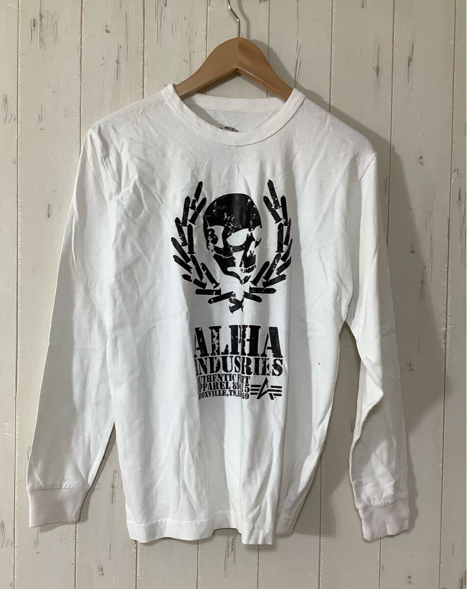 れ1525 ALPHA アルファ 長袖Tシャツ ロンT M ホワイト ロゴプリント 骸骨プリント 拍卖