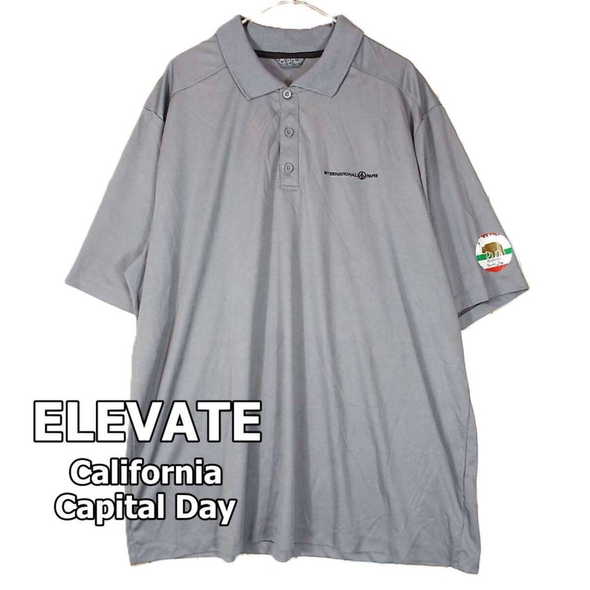 【US古着 肩幅52cm】レア ELEVATE Calfprmoa Capital Day ワンポイント刺繍 速乾 半袖ポロシャツ XL グレー ポリ100% アメカジ ゴルフ 拍卖