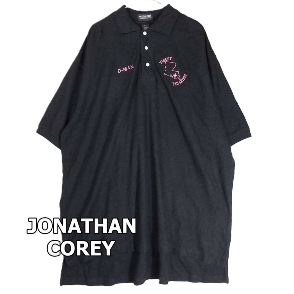 【US古着 肩幅61cm】JONATHAN COREY VIOLET TAILGATERS 刺繍ロゴ 半袖ポロシャツ 2XL ブラック PIMA COTTN 大きいサイズ ゆるだぼ 拍卖