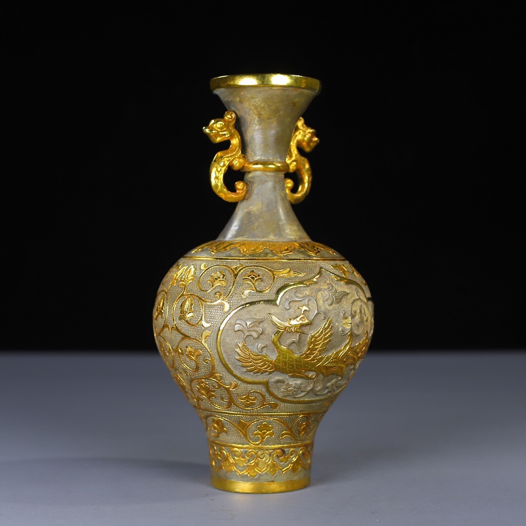 【超珍館蔵】銅製 塗金 鳳紋 花瓶 置物 賞物 古賞物 古美術品 稀少珍蔵品拍卖