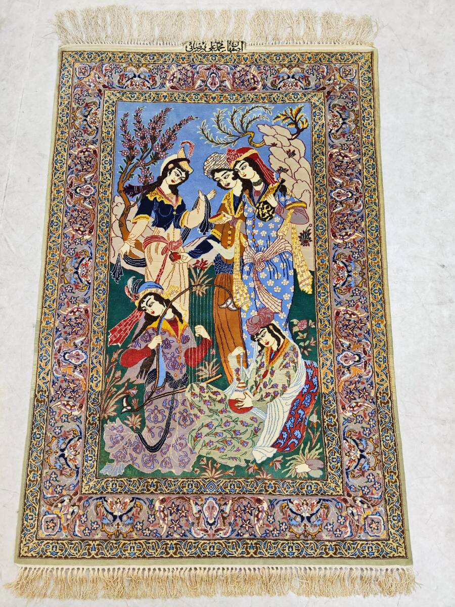 J200 【美人図】ペルシャ絨毯 イスファハン ウール 手織 工房作品 107−164cm 81〜100万ノット トルコ絨毯やヘレケ好きな方へ拍卖