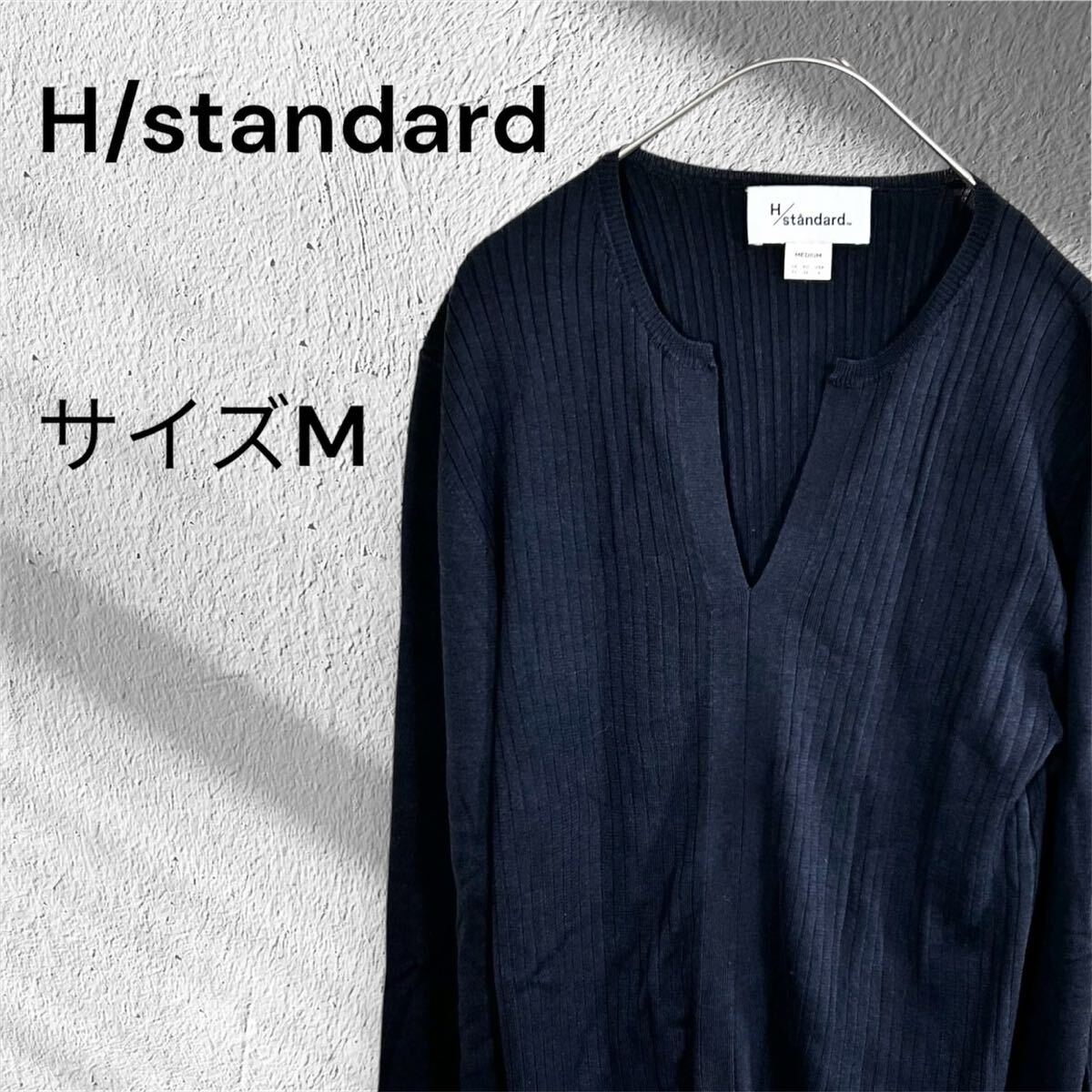 アッシュスタンダード ネイビー リブ編みVネックセーター/Mサイズ 薄手 春から 長袖拍卖