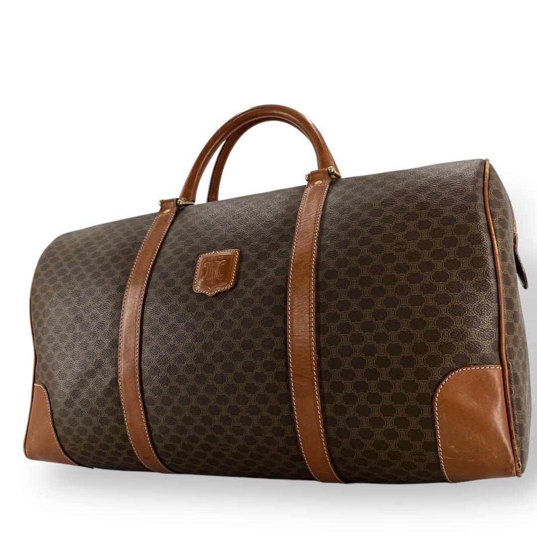 当時物 オールド CELINE セリーヌ ボストンバッグ 旅行カバン トリオンフ マカダム柄 南京錠 男女兼用 大容量 PVCレザー拍卖