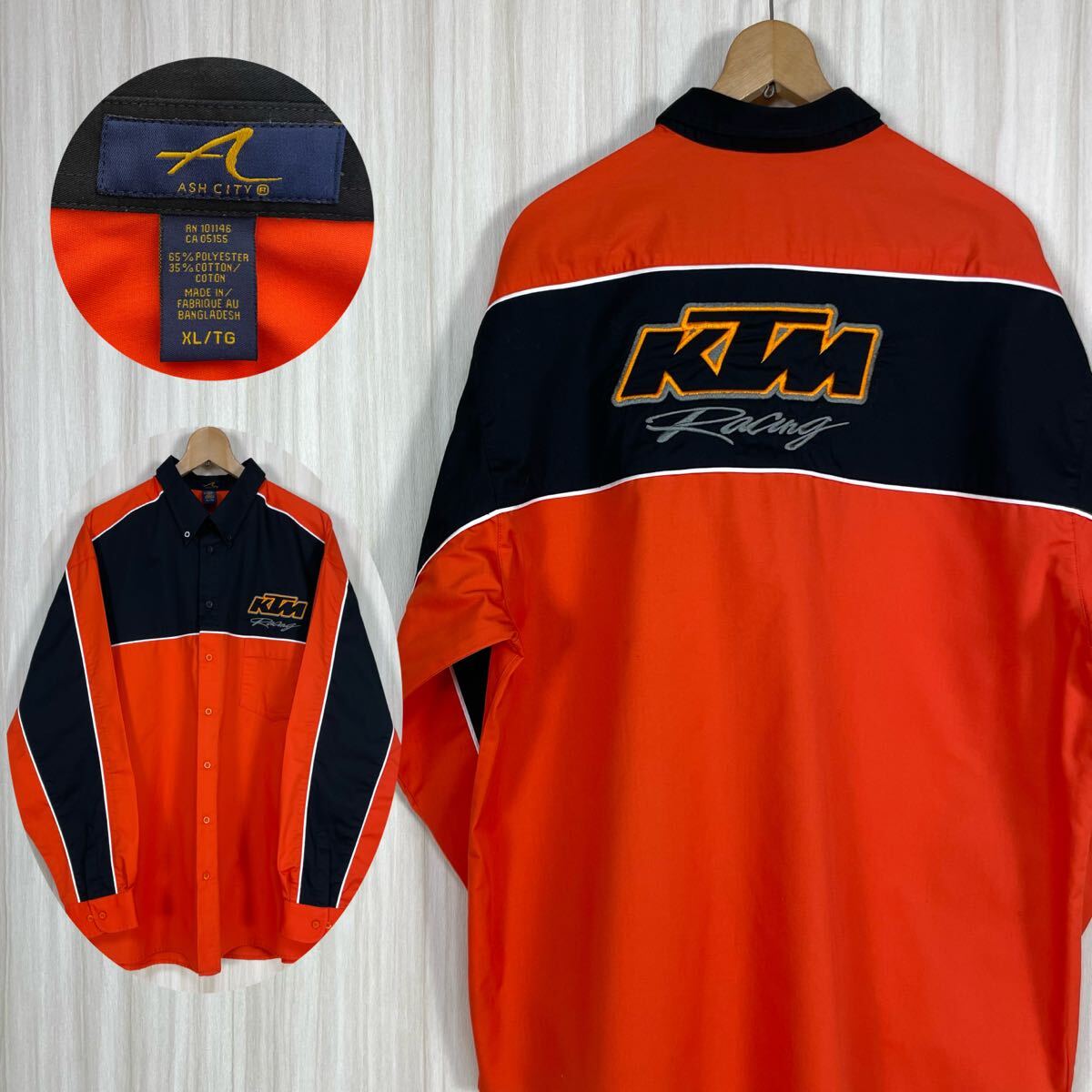 ☆入手困難☆KTM Racing レーシングシャツ バックロゴ 刺繍ワッペン ボタンダウン 長袖シャツ XL オレンジ ブラック 切り替えし 古着拍卖