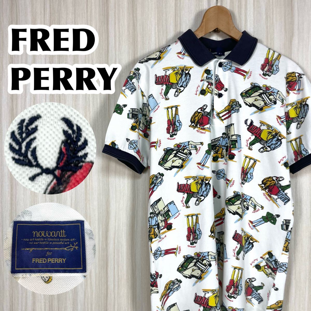 ☆希少☆完売品☆フレッドペリー nowartt ノワート 別注 半袖ポロシャツ L コミックアート 総柄 刺繍ロゴ 月桂樹 ツインティップド 古着拍卖