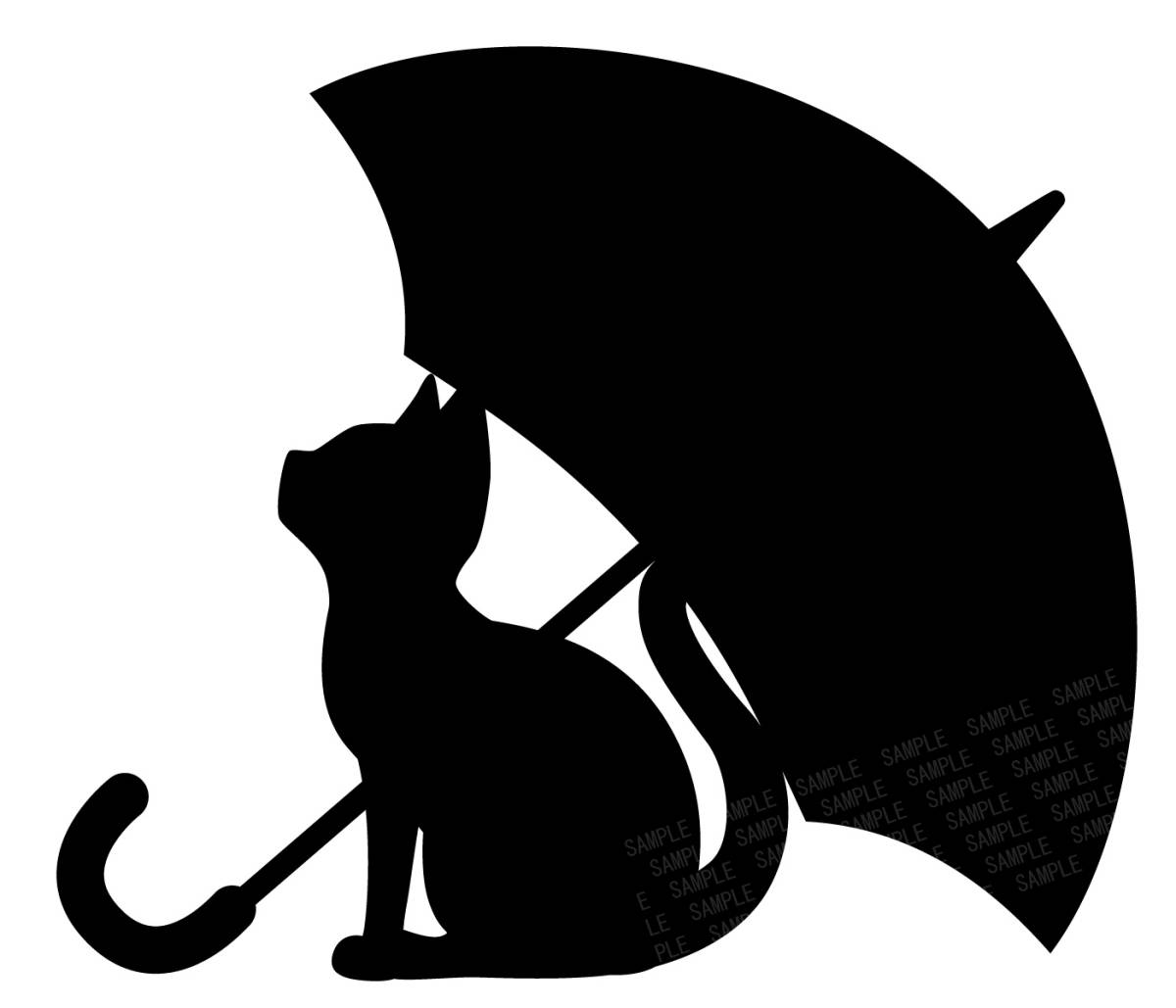 猫と傘 カッティングステッカー 雨宿りネコのデザイン 黒 カーステッカー 転写シール 車・バイクなどのドレスアップ 横12cm×縦10.5cm拍卖