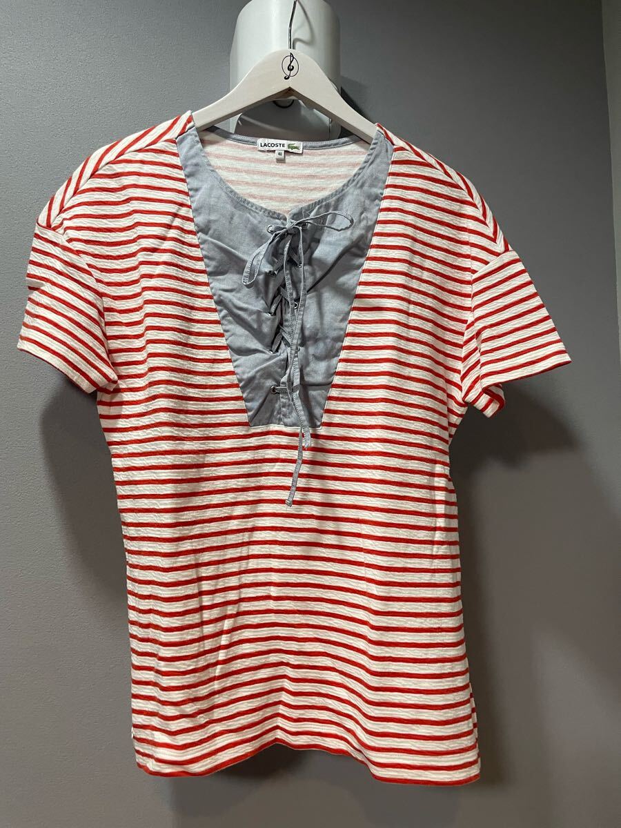 ラコステLACOSTEボーダー半袖Tシャツカットソートップスロゴ赤白レディース拍卖