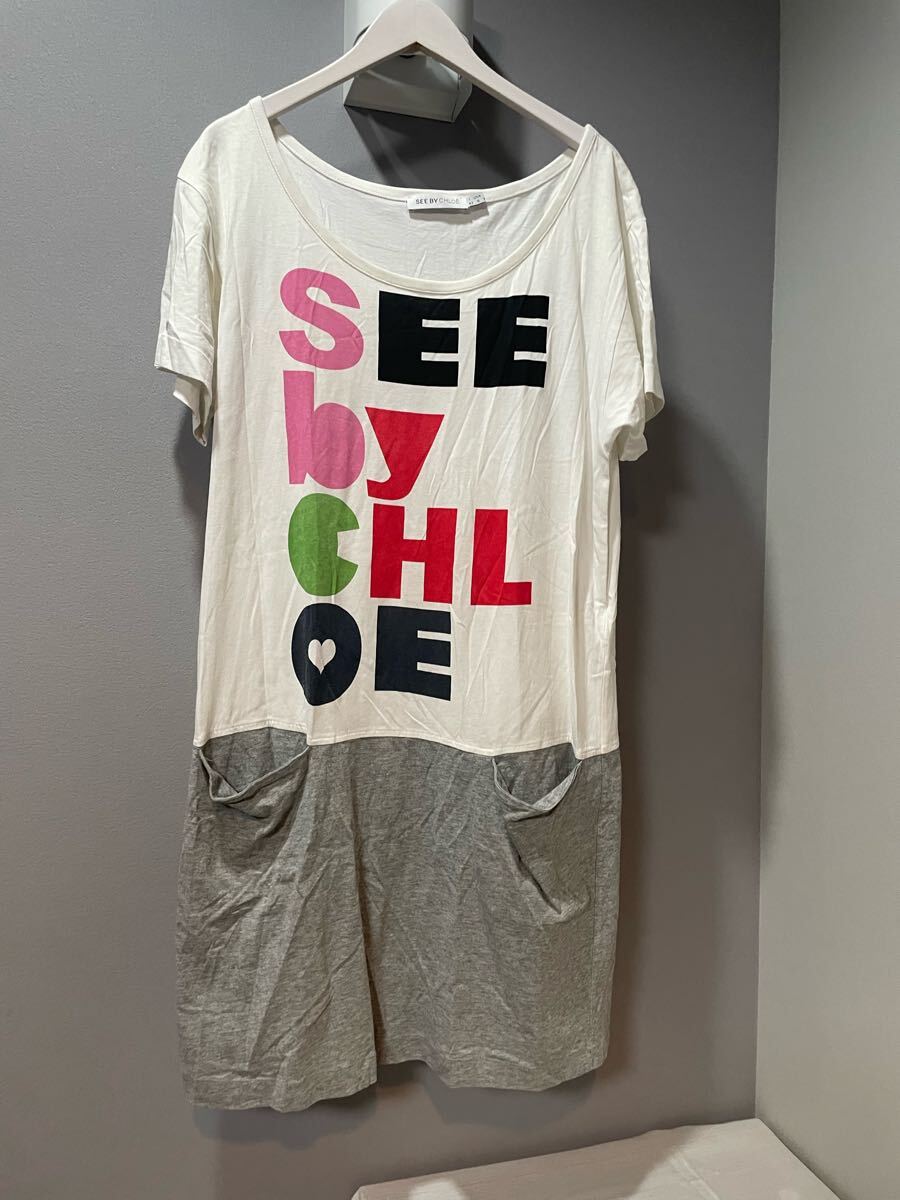 シーバイクロエsee by Chloe 半袖ワンピース白ホワイトグレーロゴレディース拍卖