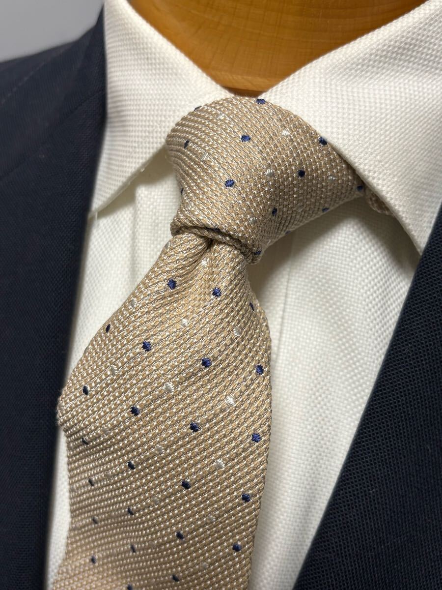 【未使用】ニューヨーカージャガードタイ ベージュ基調ドット 日本製シルク×コットン ネクタイ 2504拍卖