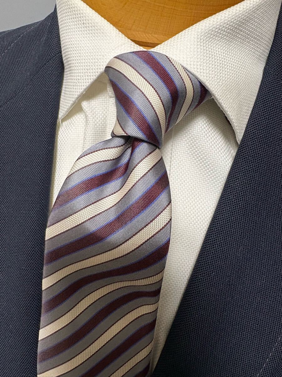 【美品】ニューヨーカーストライプネクタイ シルク日本製 大剣約8cm パープル×ホワイト 2504拍卖