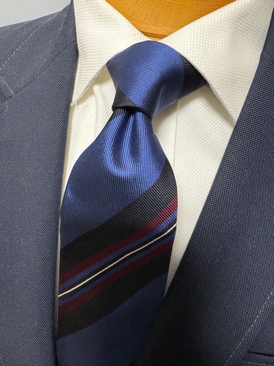 【美品】JUNKO SHIMADAストライプネクタイ 日本製高級シルク 大剣約8cm ブルー基調 2504拍卖