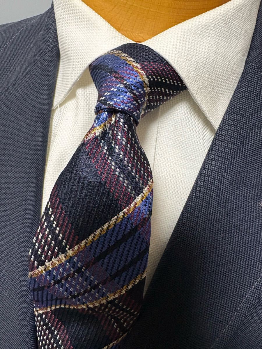 【美品】FAIRFAX×アレキサンダージュリアン ネクタイ タカキュー大剣約8.5cm チェック柄 ブルー基調 2504拍卖