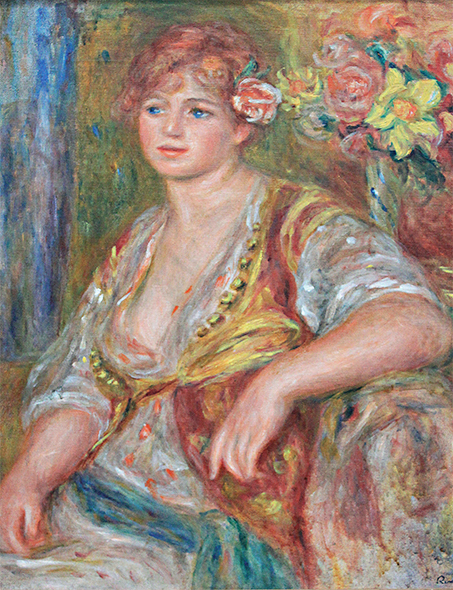 複製絵画 キャンバスアート 世界の名画 ピエール・オーギュスト・ルノワール 「 バラの花を差し込んだ金髪の女性 」 サイズ 6号拍卖