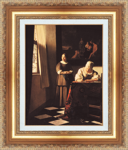複製絵画 額装品 世界の名画 ヨハネス・フェルメール 「 手紙を書く女性と召使い 」 サイズ 15号拍卖