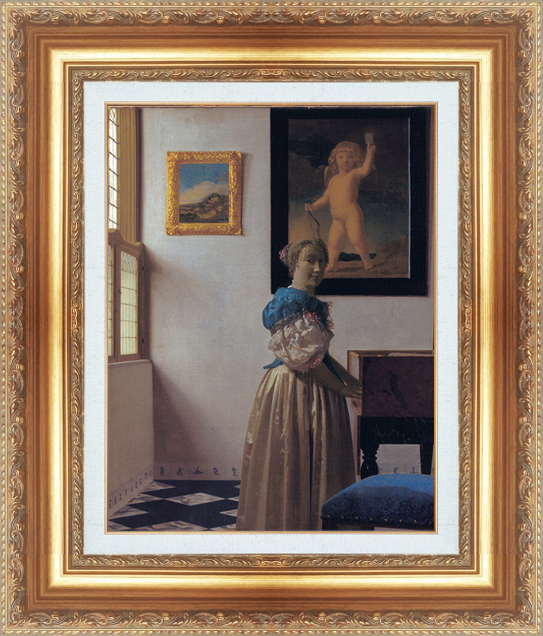 複製絵画 額装品 世界の名画 ヨハネス・フェルメール 「 バージナルの前に立った女性 」 サイズ 10号拍卖