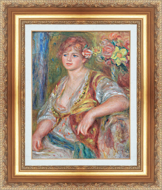 複製絵画 額装品 世界の名画 ピエール・オーギュスト・ルノワール 「 バラの花を差し込んだ金髪の女性 」 サイズ 3号拍卖