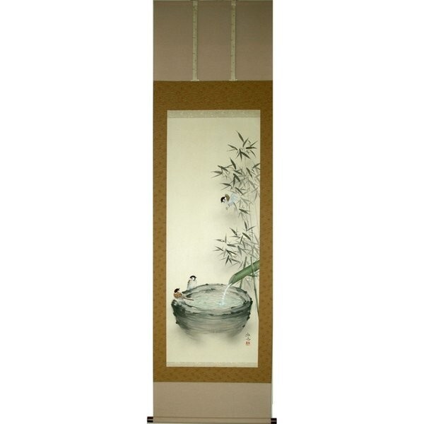掛け軸 掛軸 純国産掛け軸 床の間 花鳥画 年中掛け 「つくばいに雀」 奥田拓也作 尺五 桐箱付拍卖