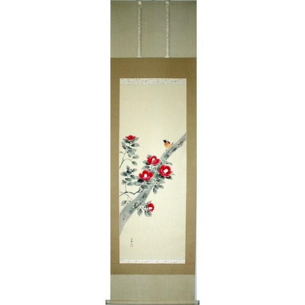 掛け軸 掛軸 純国産掛け軸 床の間 季節画 「椿に小禽」久芳白映作 尺五 桐箱付拍卖