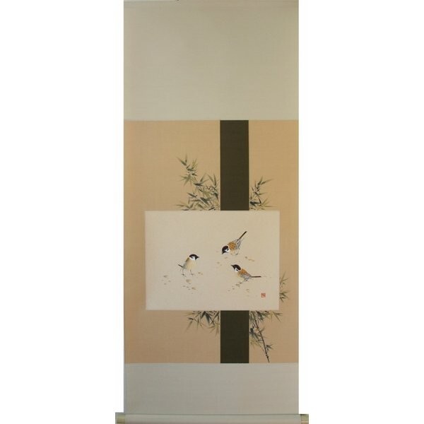 掛け軸 掛軸 純国産掛け軸 床の間 花鳥画 年中掛け 「竹に雀」 奥田拓也作 尺五横 桐箱付拍卖