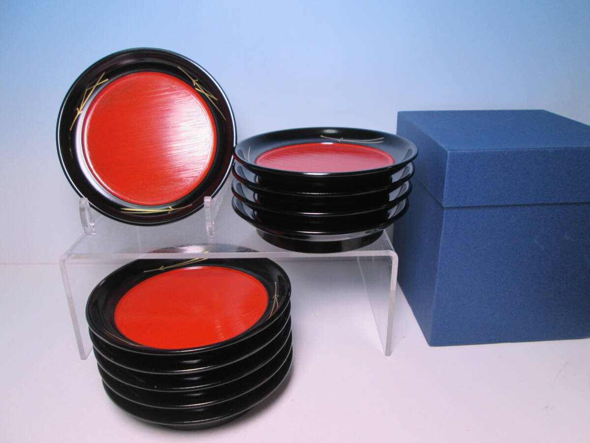 ☆お料理屋さんの器 黒/朱塗 折れ松葉文金蒔絵 銘々皿 十客 紙箱付 菓子皿/茶懐石/割烹/日本料理拍卖