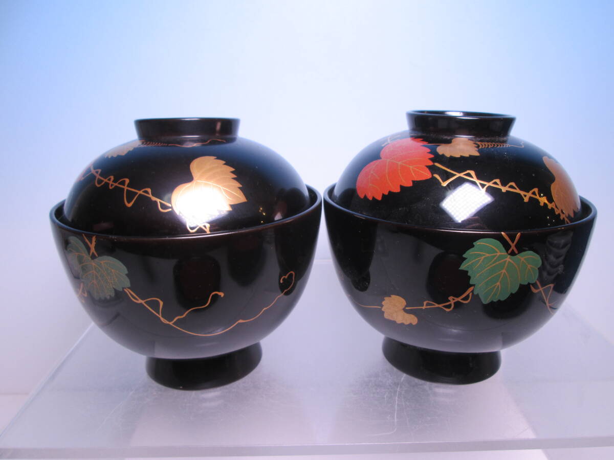☆お料理屋さんの器 天然木本漆塗 蔦の葉文金蒔絵 吸い物椀 二客 箱無し 蓋椀/茶懐石/割烹/日本料理拍卖
