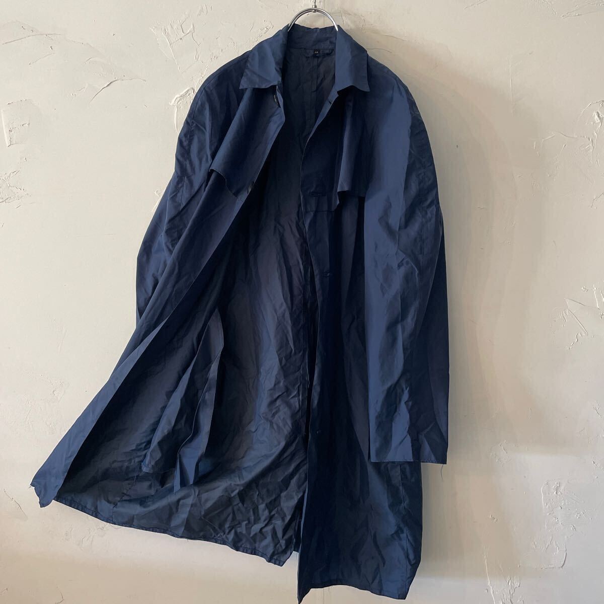5 ヴィンテージ フィンランド製 ナイロン100% ラグラン ステンカラーロングコート ネイビー オーバーサイズ L メンズ レディース古着拍卖