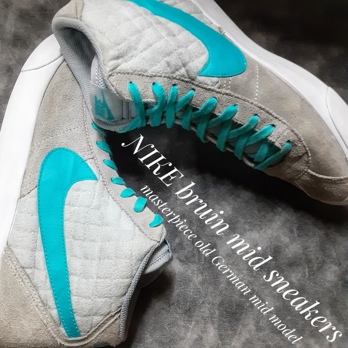 最値!希少13年製!ターコイズスウォッシュ!名作オールドジャーマンミッドモデル!ナイキ ブルイン ミッド高級スニーカー!グレー!灰色 25.5cm拍卖