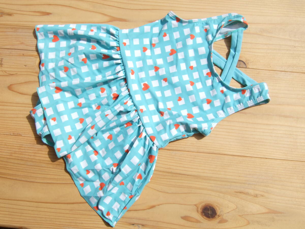 *美品!キッス可愛いハート柄チェックワンピース水着130センチ(15)*拍卖