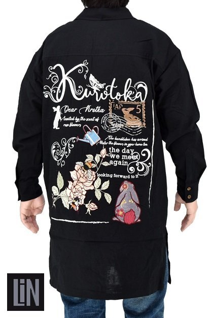 黒菟華 バラとマルハナバチロング丈長袖シャツ◆LIN ブラックMサイズ AL-759073 和柄 兎 ウサギ 刺繍 ユニセックス拍卖